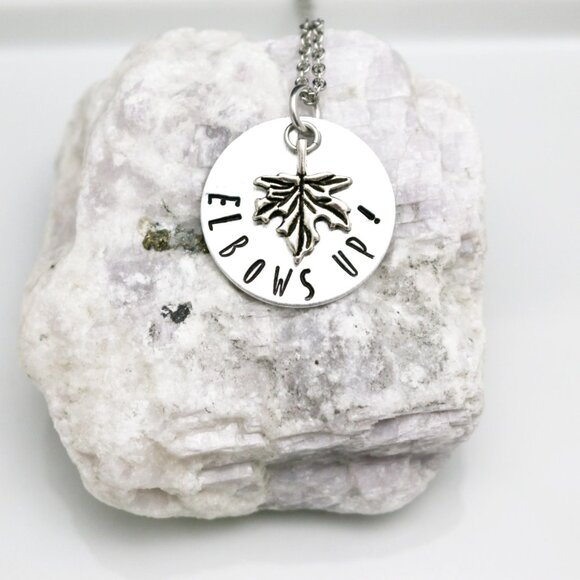 Elbows Up! Maple Leaf Hand Stamped Pendant Necklace - Handmade & Hypoallergenic - Picture 1 of 11